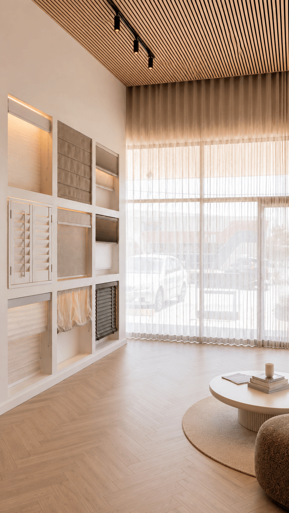 Warm Sweet Home Blinds showroom setting with neutral furnishings