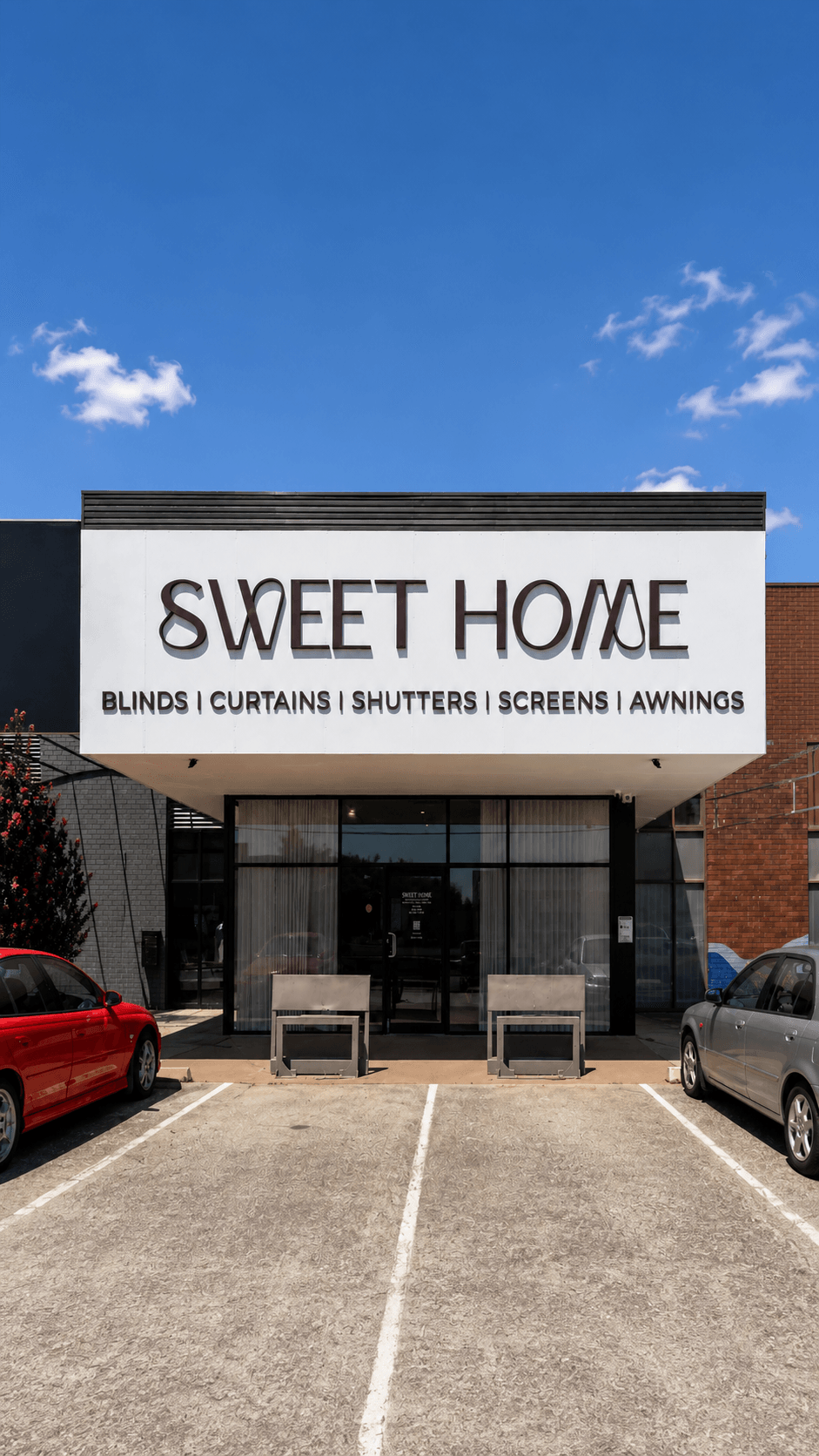 Sweet Home Blinds showroom frontage with warm natural light