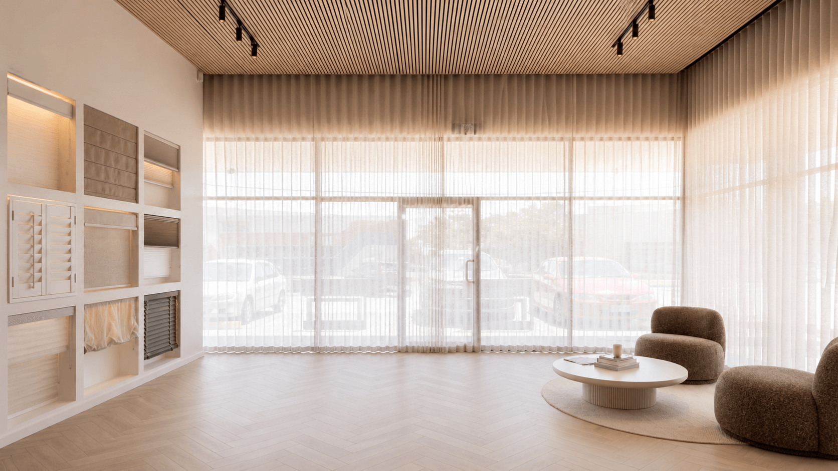 Warm Sweet Home Blinds showroom setting with neutral furnishings