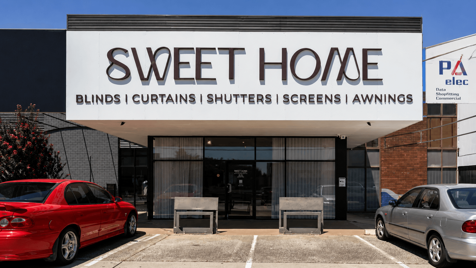 Sweet Home Blinds showroom frontage with warm natural light