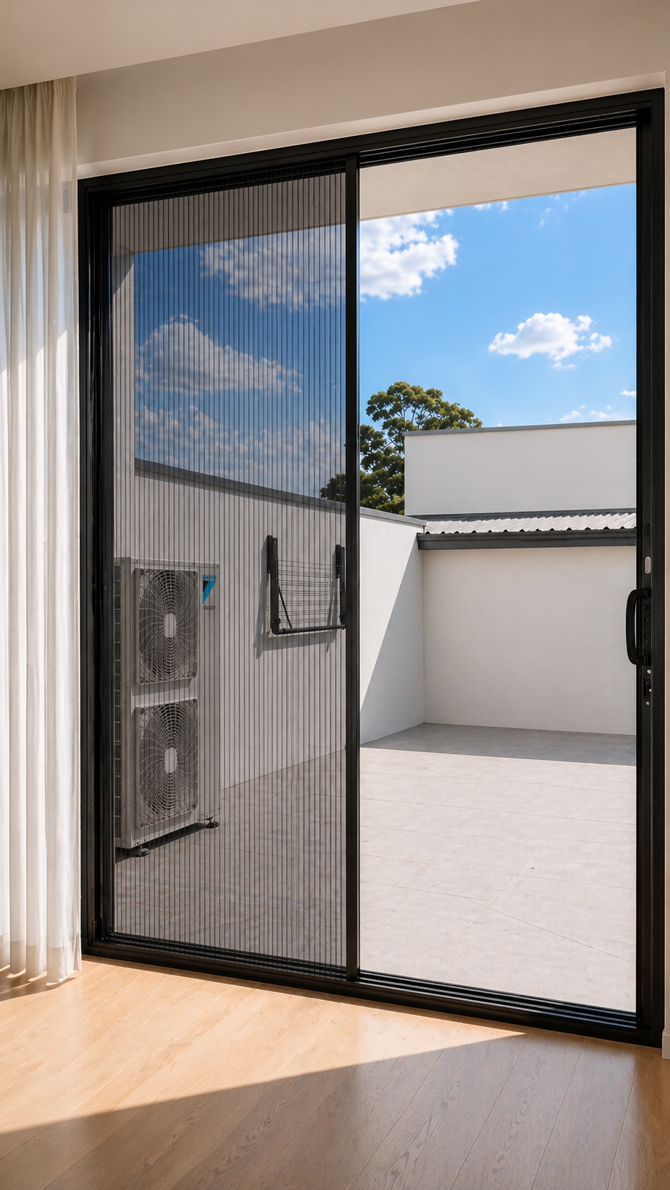 Retractable fly screen installed across a bright residential opening